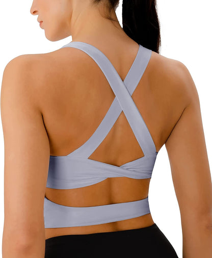 Sports Bras for Women Criss-Cross Back Padded Workout Tank Tops Medium Support Crop Tops for Women Light Grey / Large