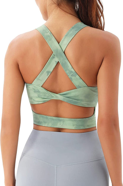 Sports Bras for Women Criss-Cross Back Padded Workout Tank Tops Medium Support Crop Tops for Women Tie Dye Green / Large