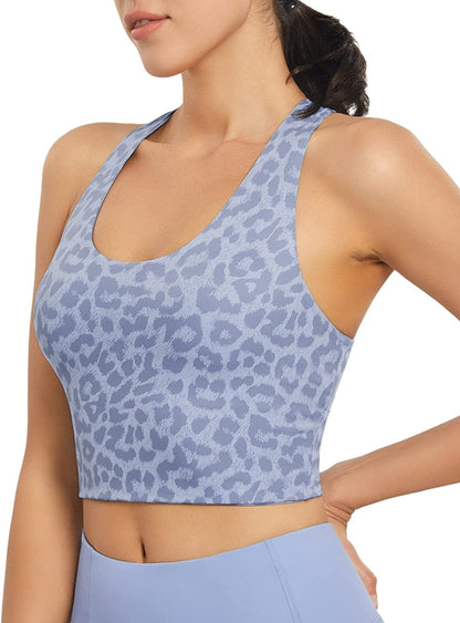 Sports Bras for Women Criss-Cross Back Padded Workout Tank Tops Medium Support Crop Tops for Women Blue Leopard Printed / X-Large