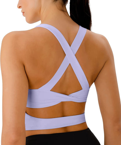 Sports Bras for Women Criss-Cross Back Padded Workout Tank Tops Medium Support Crop Tops for Women Light Purple / Large
