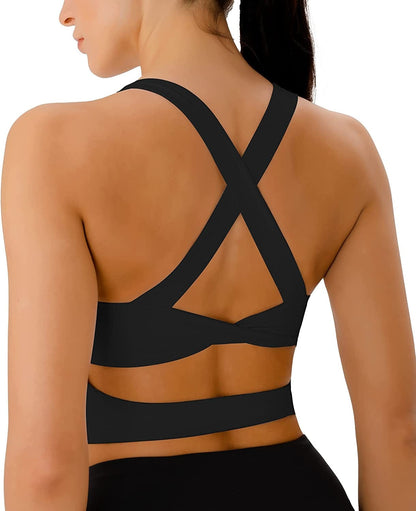 Sports Bras for Women Criss-Cross Back Padded Workout Tank Tops Medium Support Crop Tops for Women Black / Large