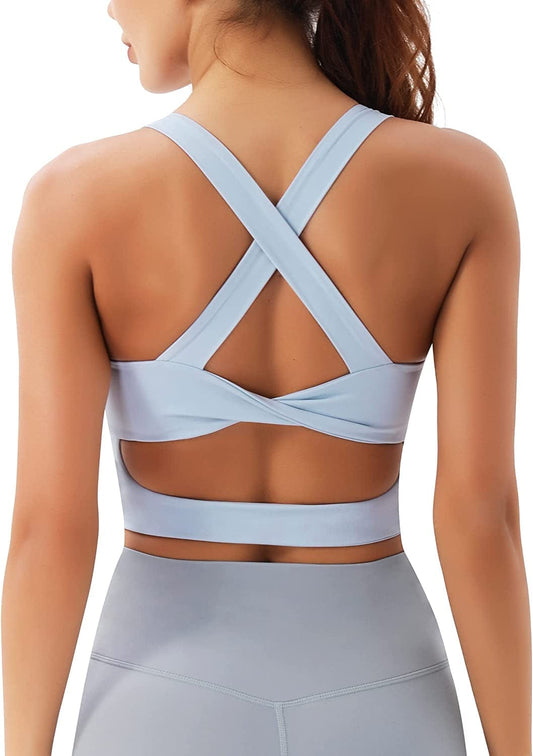 Sports Bras for Women Criss-Cross Back Padded Workout Tank Tops Medium Support Crop Tops for Women Light Blue / Large