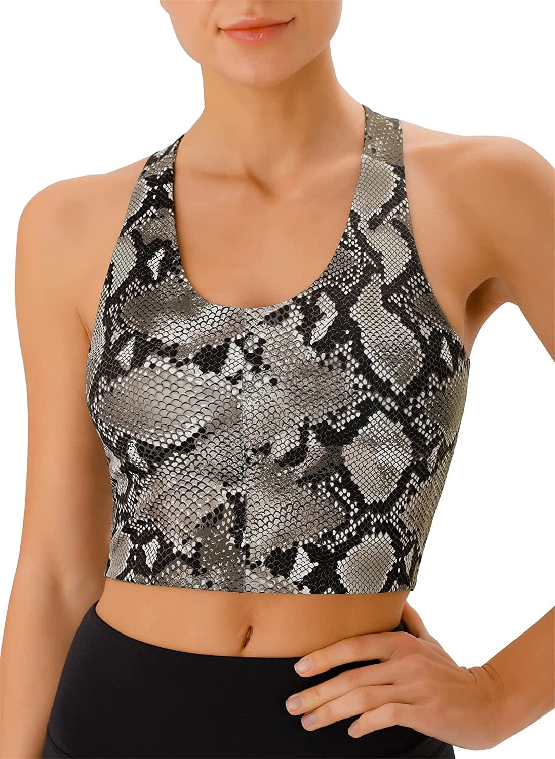 Sports Bras for Women Criss-Cross Back Padded Workout Tank Tops Medium Support Crop Tops for Women Bronze Python / Large