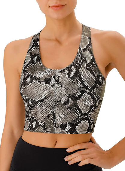 Sports Bras for Women Criss-Cross Back Padded Workout Tank Tops Medium Support Crop Tops for Women Bronze Python / Large