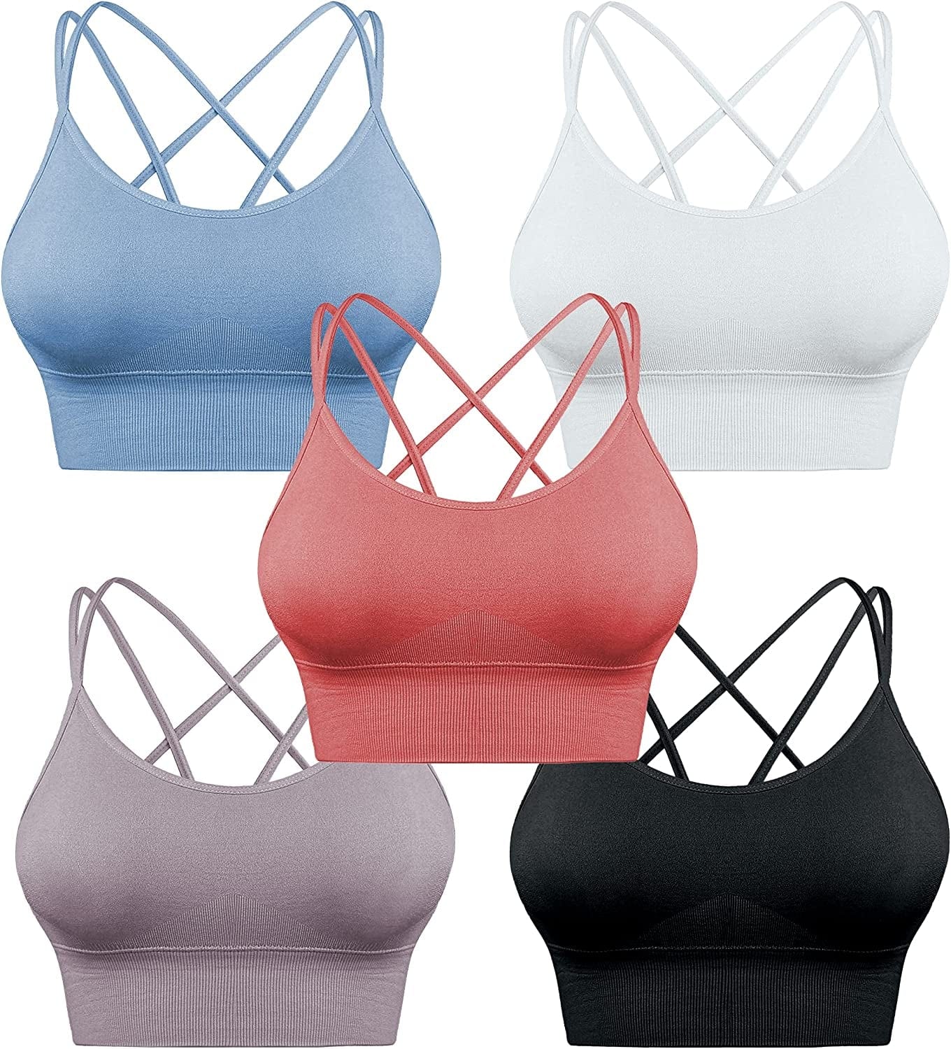 Sports Bras for Women Criss-Cross Back with Removable Cups Low Impact Workout Fitness Yoga Cropped Tank Tops Set 5 Pack Black+white+blue+perple+red / Small