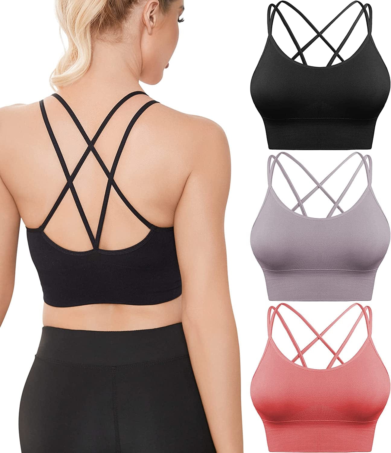 Sports Bras for Women Criss-Cross Back with Removable Cups Low Impact Workout Fitness Yoga Cropped Tank Tops Set 3 Pack Black+red+purple / Medium