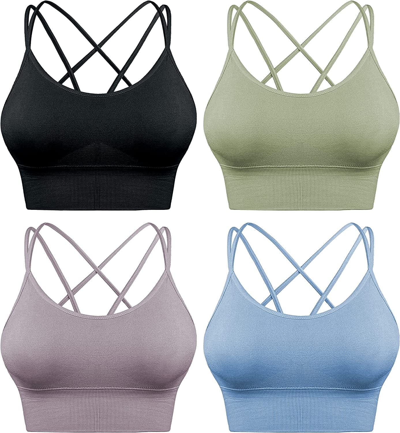 Sports Bras for Women Criss-Cross Back with Removable Cups Low Impact Workout Fitness Yoga Cropped Tank Tops Set 4 Pack-black+bule+green+pueple / Small