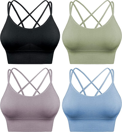 Sports Bras for Women Criss-Cross Back with Removable Cups Low Impact Workout Fitness Yoga Cropped Tank Tops Set 4 Pack-black+bule+green+pueple / Small