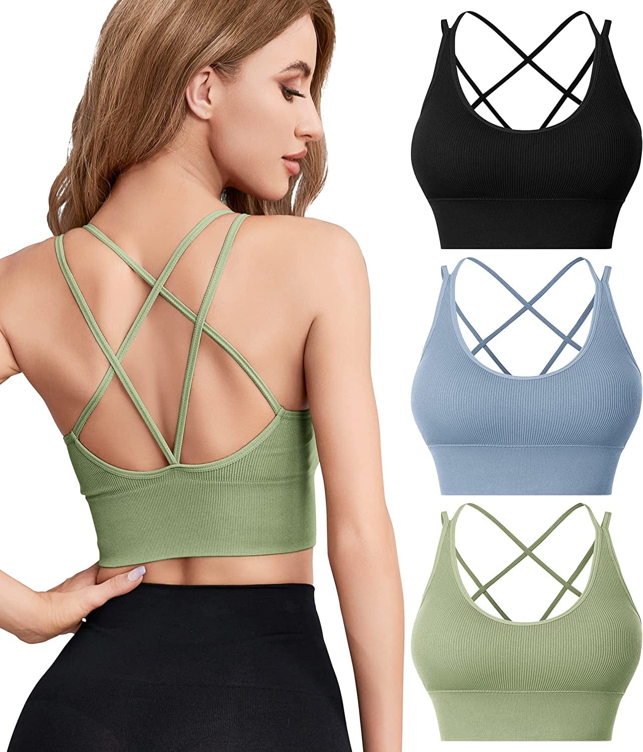 Sports Bras for Women Criss-Cross Back with Removable Cups Low Impact Workout Fitness Yoga Cropped Tank Tops Set 3 Pack Black+green+blue / Small