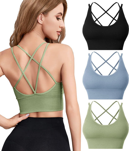 Sports Bras for Women Criss-Cross Back with Removable Cups Low Impact Workout Fitness Yoga Cropped Tank Tops Set 3 Pack Black+green+blue / Small