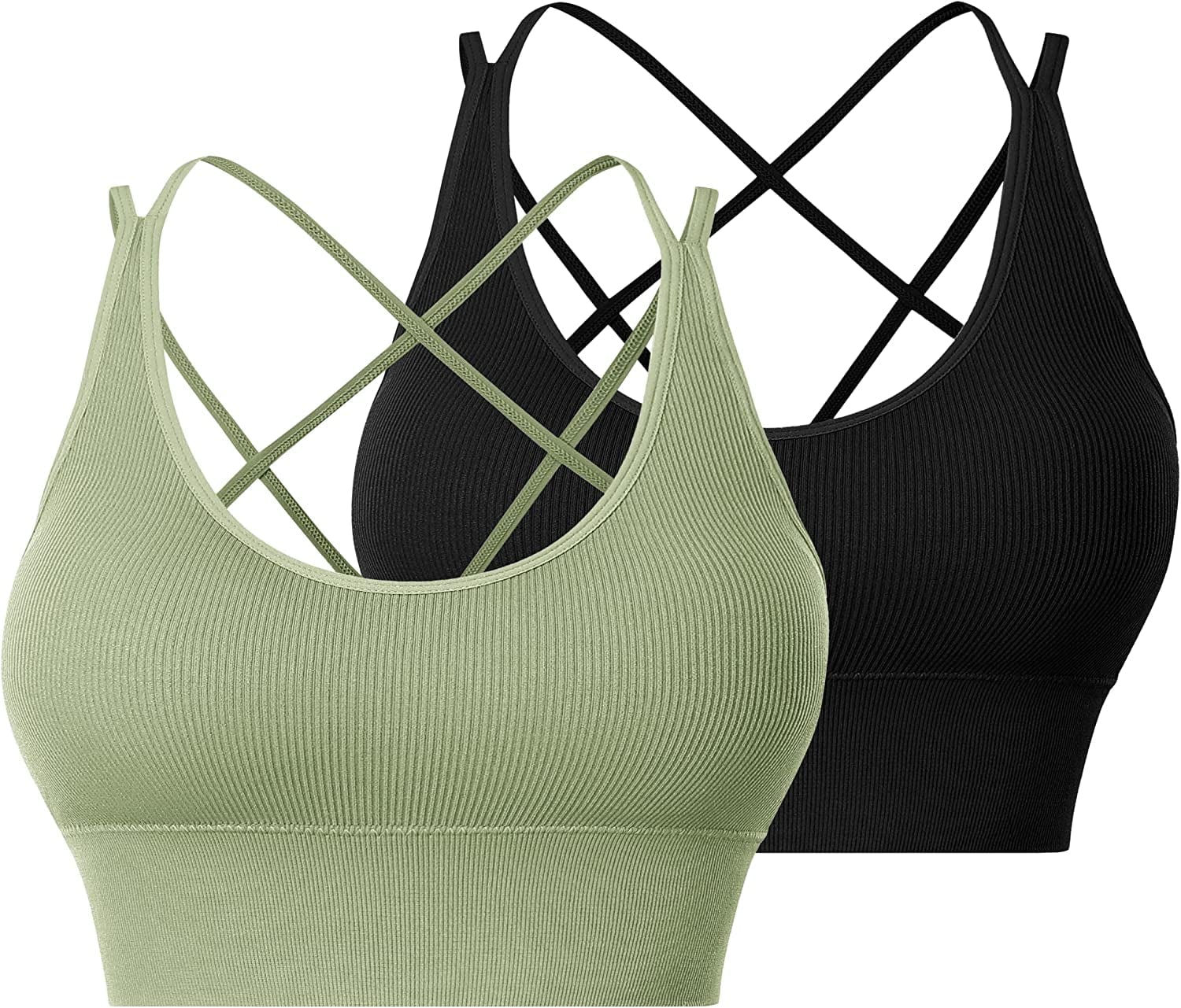 Sports Bras for Women Criss-Cross Back with Removable Cups Low Impact Workout Fitness Yoga Cropped Tank Tops Set 2 Pack Black+green / X-Large