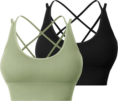Sports Bras for Women Criss-Cross Back with Removable Cups Low Impact Workout Fitness Yoga Cropped Tank Tops Set 2 Pack Black+green / X-Large
