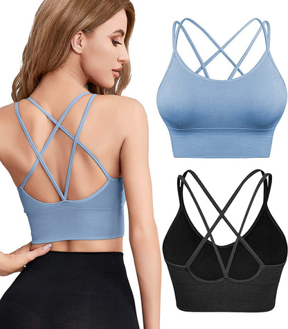 Sports Bras for Women Criss-Cross Back with Removable Cups Low Impact Workout Fitness Yoga Cropped Tank Tops Set 2 Pack Black+blue / X-Large