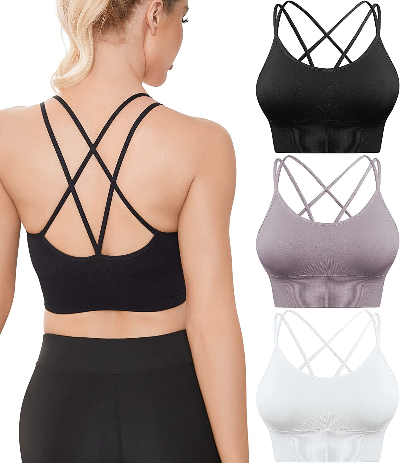 Sports Bras for Women Criss-Cross Back with Removable Cups Low Impact Workout Fitness Yoga Cropped Tank Tops Set 3 Pack Black+white+purple / Medium