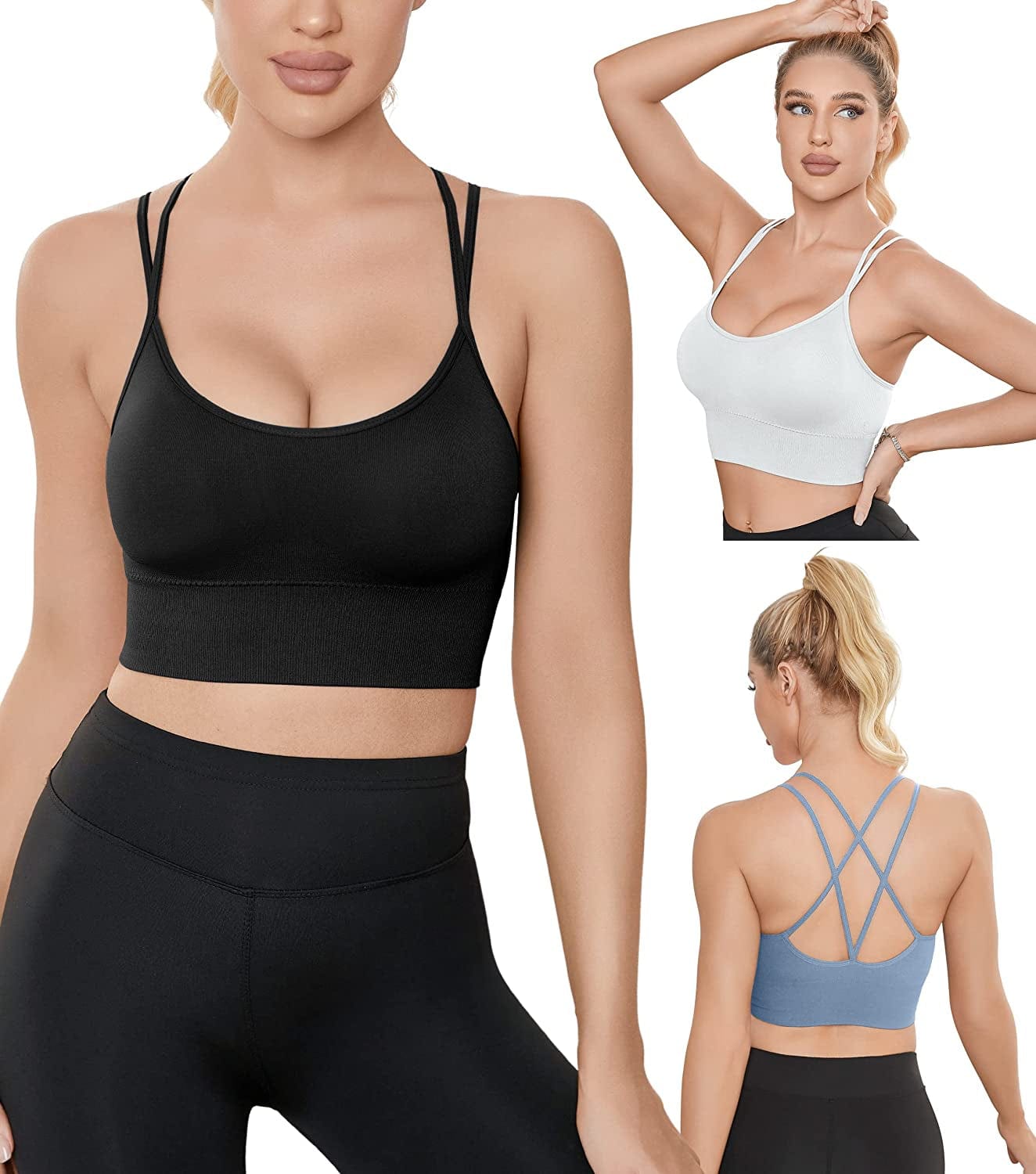 Sports Bras for Women Criss-Cross Back with Removable Cups Low Impact Workout Fitness Yoga Cropped Tank Tops Set 3 Pack Black+white+blue / Medium