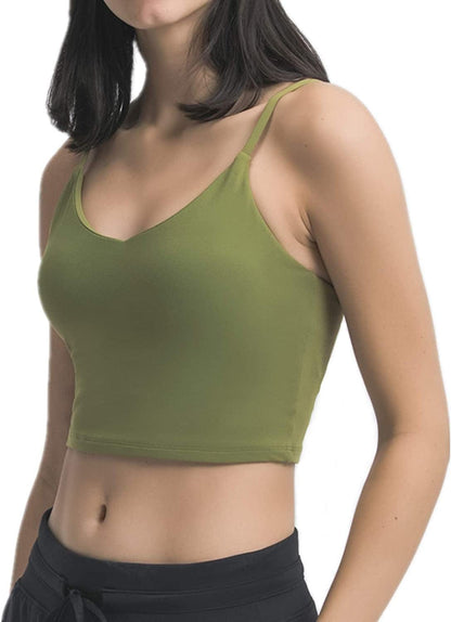 Sports Bras for Women Longline Padded Yoga Tank Tops Workout Fitness Running Crop Tops V-olivedrab / Large
