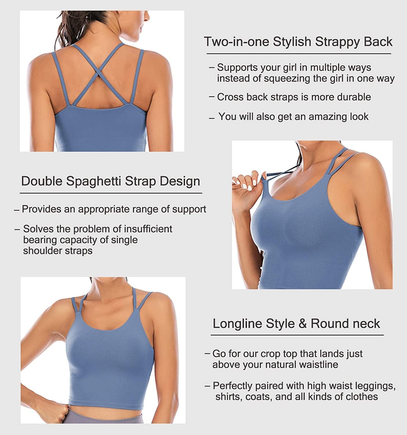 Sports Bras for Women Padded Longline Yoga Cami Crop Tank Tops with Built-In Bra