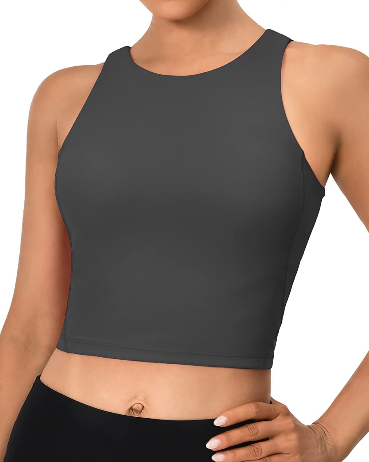 Sports Bras for Women Padded Tank Tops Sleeveless Workout Crop Tops with Built in Bra #1 Deep Grey / X-Small
