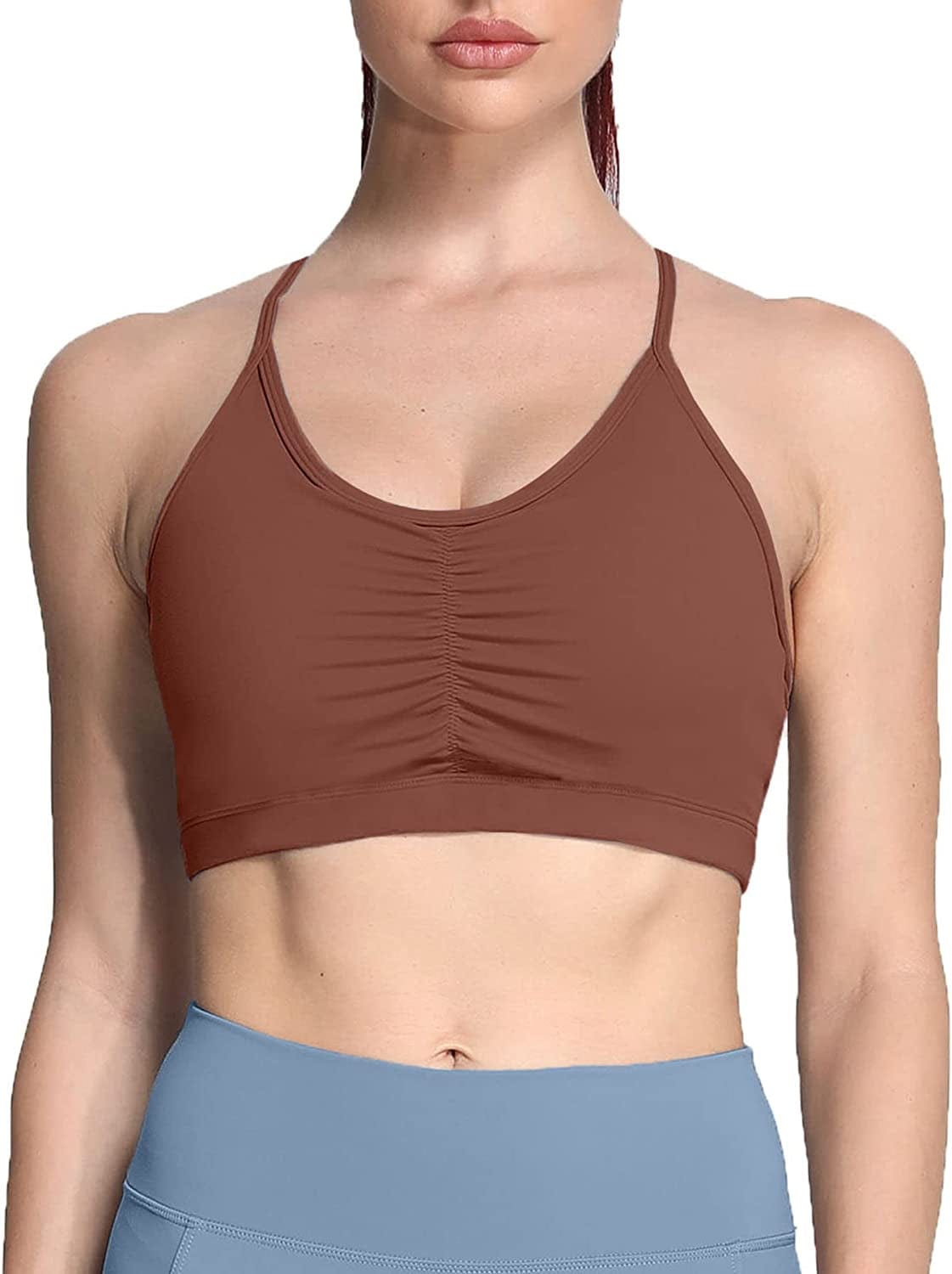 Sports Bras for Women Workout Fitness Ruched Training Baddie Cross Back Yoga Crop Tank Top Dandelion Brown / Medium