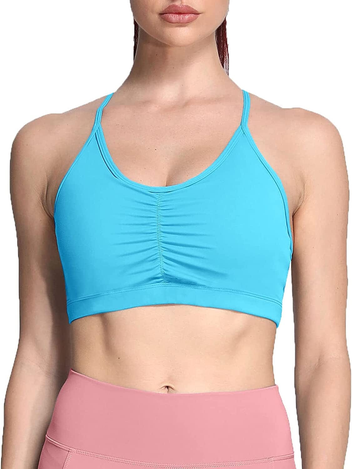 Sports Bras for Women Workout Fitness Ruched Training Baddie Cross Back Yoga Crop Tank Top Aquarius Blue / X-Small