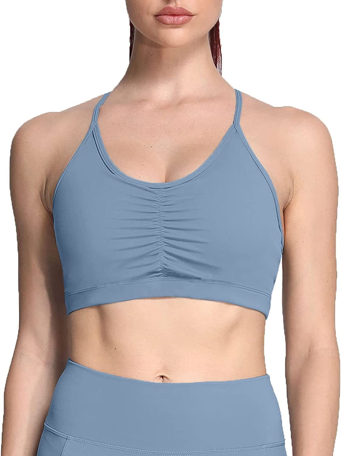 Sports Bras for Women Workout Fitness Ruched Training Baddie Cross Back Yoga Crop Tank Top Steel Blue / X-Large