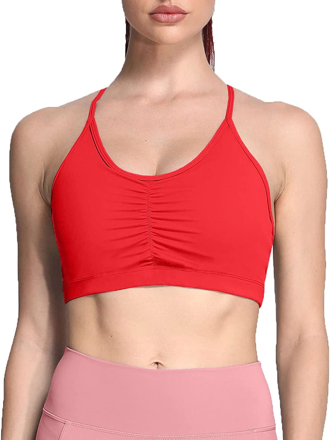 Sports Bras for Women Workout Fitness Ruched Training Baddie Cross Back Yoga Crop Tank Top Racing Red / Medium