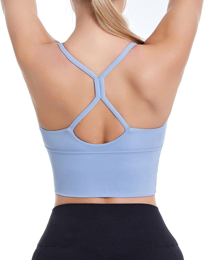 Sports Bras Longline Fitness Crop Tops Tank Yoga Running Shirts V-Neck Spaghetti Strappy Workout Yoga Bra Blue / Medium
