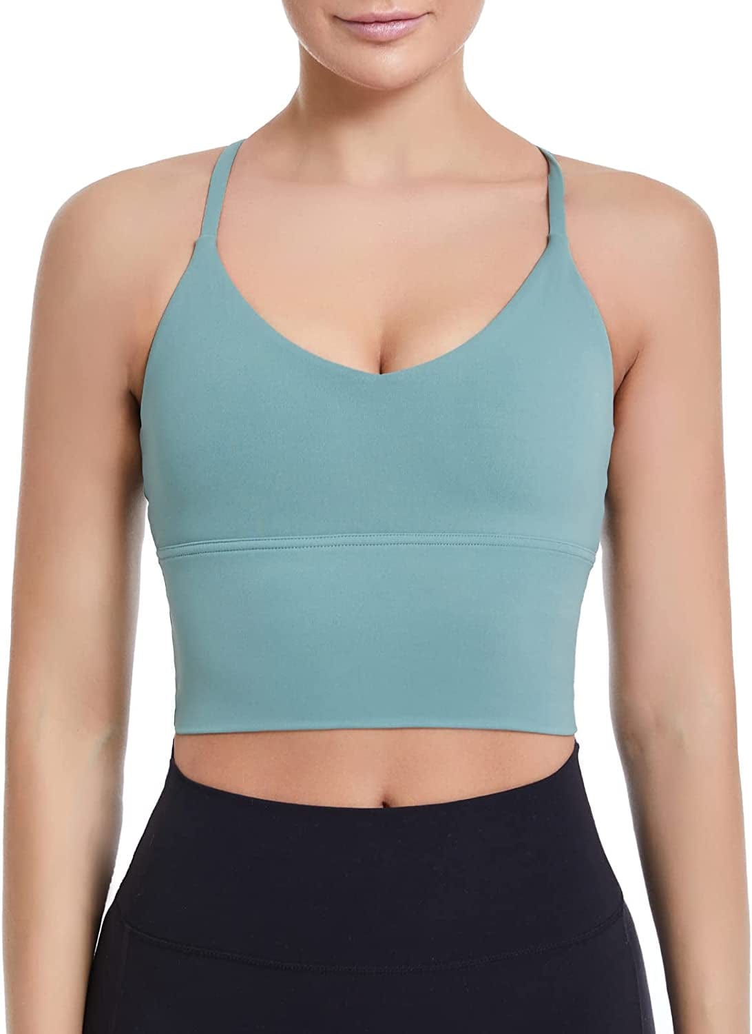 Sports Bras Longline Fitness Crop Tops Tank Yoga Running Shirts V-Neck Spaghetti Strappy Workout Yoga Bra Cyan / Medium