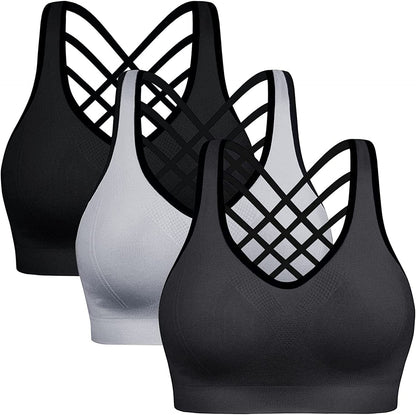 Sports Bras Pack High Impact Sports Bras for Women Strappy Sports Bra Padded Gym Bras Workout Bras Yoga Bras Black & Gray & Lightgrey / Medium