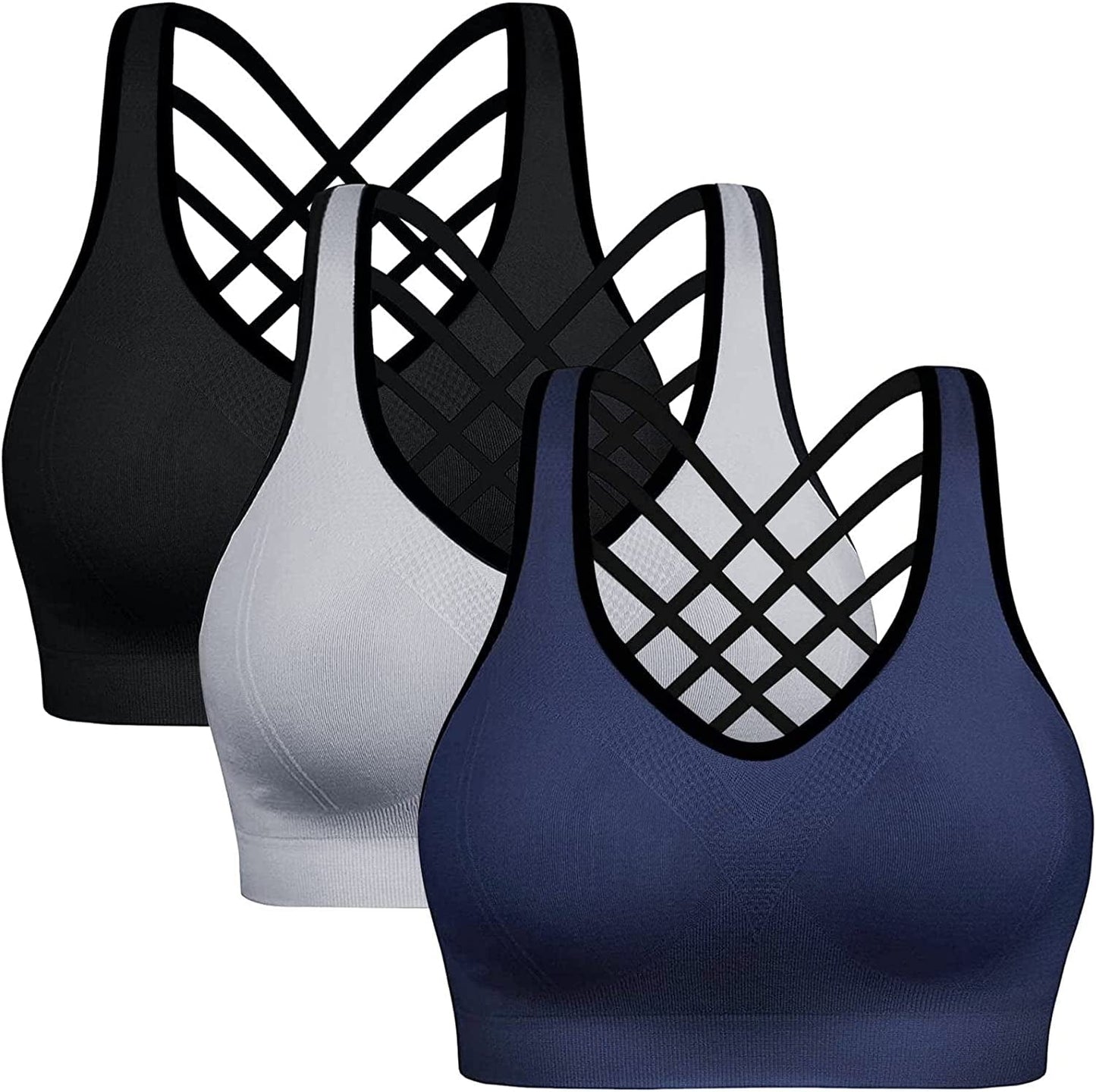 Sports Bras Pack High Impact Sports Bras for Women Strappy Sports Bra Padded Gym Bras Workout Bras Yoga Bras Black & Lightgrey & Navy / Large