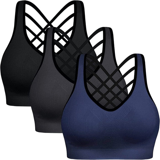 Sports Bras Pack High Impact Sports Bras for Women Strappy Sports Bra Padded Gym Bras Workout Bras Yoga Bras Black & Gray & Navy / Large