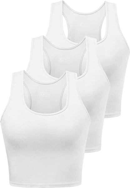 Sports Crop Tank Tops for Women Cropped Workout Tops Racerback Running Yoga Tanks Cotton Sleeveless Gym Shirts 3 Pack White/White/White / Small