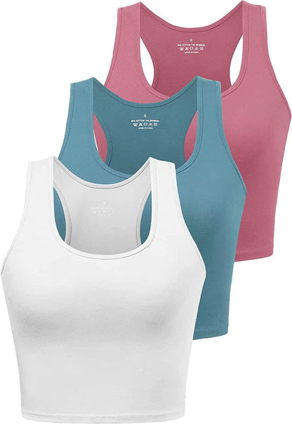 Sports Crop Tank Tops for Women Cropped Workout Tops Racerback Running Yoga Tanks Cotton Sleeveless Gym Shirts 3 Pack Blue/White/Rose / Small