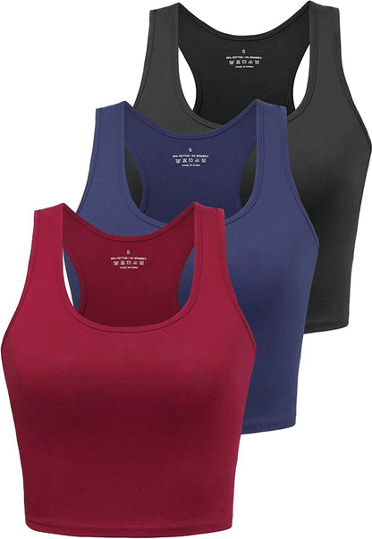 Sports Crop Tank Tops for Women Cropped Workout Tops Racerback Running Yoga Tanks Cotton Sleeveless Gym Shirts 3 Pack Black Navy Burgundy / Small