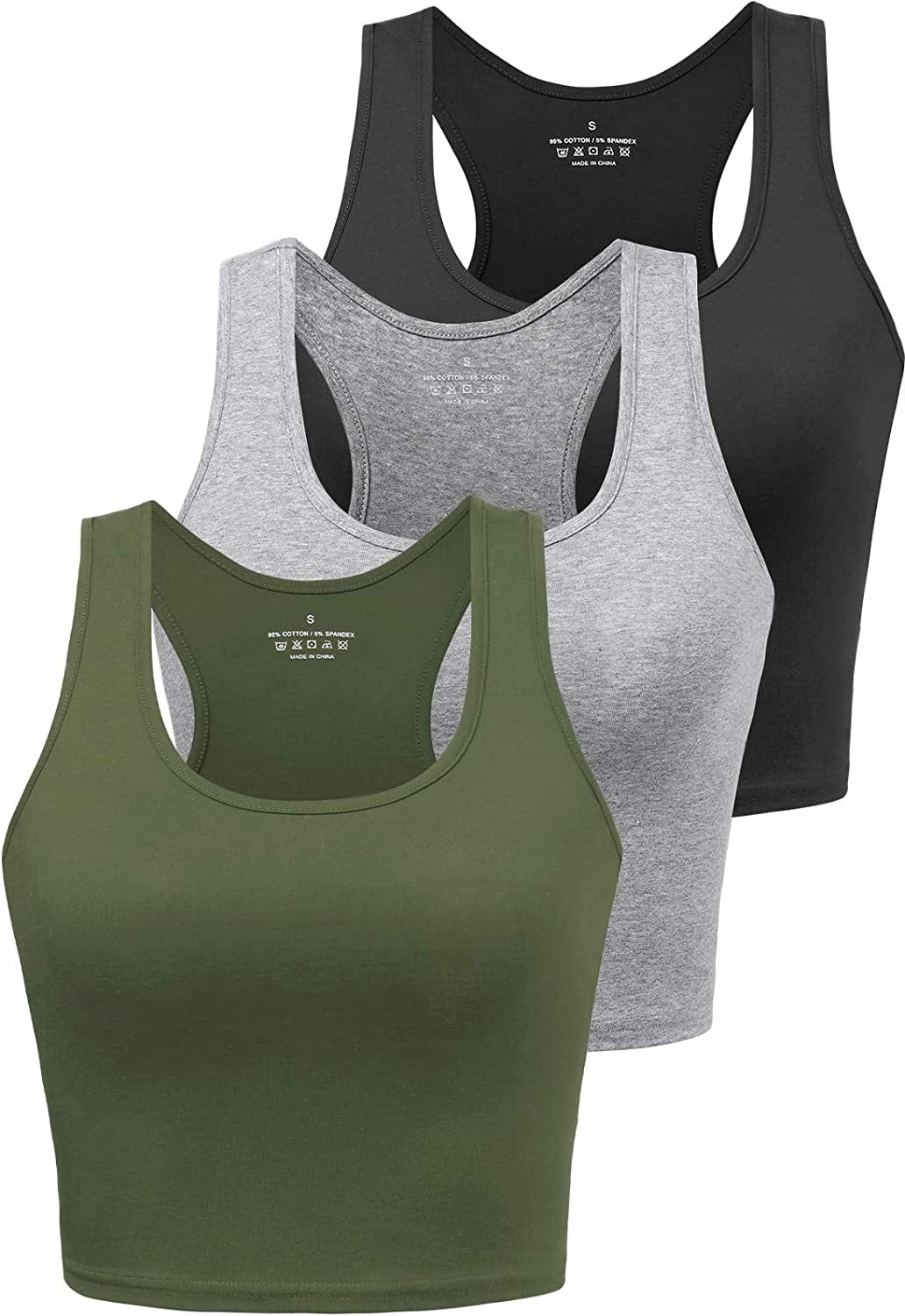 Sports Crop Tank Tops for Women Cropped Workout Tops Racerback Running Yoga Tanks Cotton Sleeveless Gym Shirts 3 Pack Black/Grey/Army Green / Small