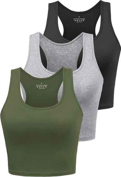 Sports Crop Tank Tops for Women Cropped Workout Tops Racerback Running Yoga Tanks Cotton Sleeveless Gym Shirts 3 Pack Black/Grey/Army Green / Small