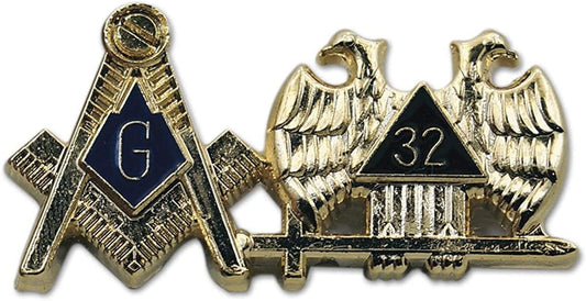 Square & Compass 32Nd Degree Scottish Rite Masonic Lapel Pin - [Gold & Blue][1 1/4'' Wide]