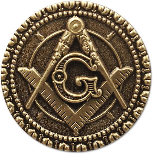 Square & Compass round Masonic Lapel Pin - [Antique Brass Finish][1'' Diameter]