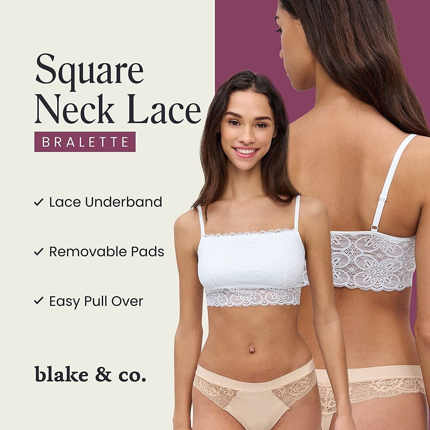 Square Neck Lace Bralette - Lace Bralettes for Women, Padded Bralette, Wireless Bras for Women