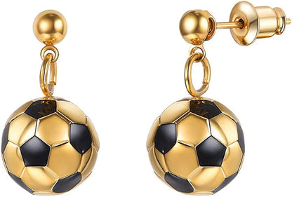 Stainless Steel 3D Soccer Football/Basketball Charm Necklace/Earrings Unisex Jewelry Boys Mens Girls Womens Fan Gift 02 Gold-Earrings