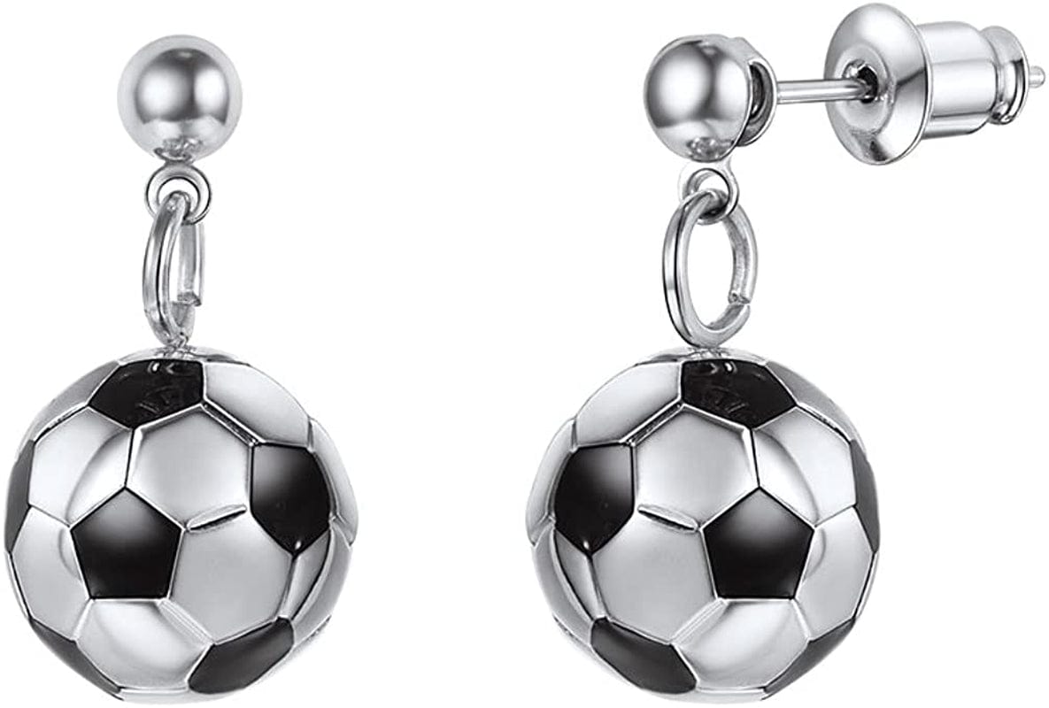 Stainless Steel 3D Soccer Football/Basketball Charm Necklace/Earrings Unisex Jewelry Boys Mens Girls Womens Fan Gift 02 Silver-Earrings