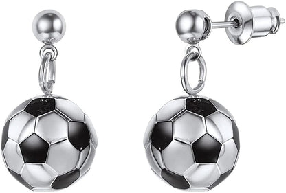 Stainless Steel 3D Soccer Football/Basketball Charm Necklace/Earrings Unisex Jewelry Boys Mens Girls Womens Fan Gift 02 Silver-Earrings