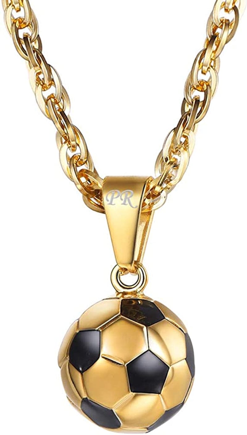 Stainless Steel 3D Soccer Football/Basketball Charm Necklace/Earrings Unisex Jewelry Boys Mens Girls Womens Fan Gift 01 Gold-Necklace