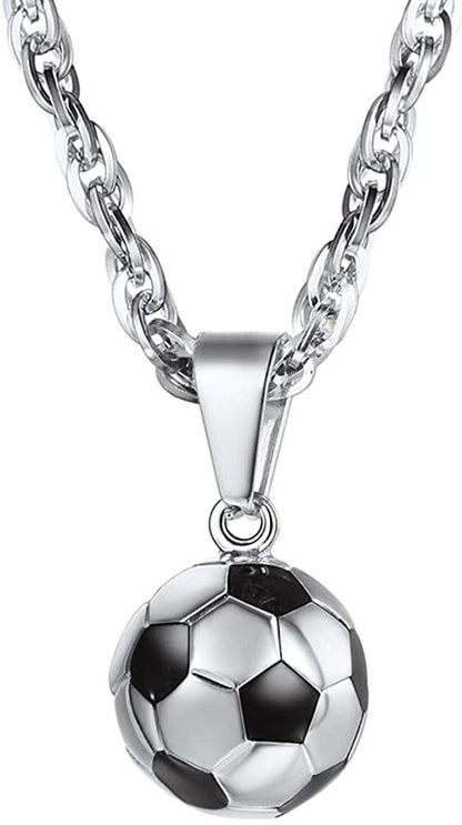 Stainless Steel 3D Soccer Football/Basketball Charm Necklace/Earrings Unisex Jewelry Boys Mens Girls Womens Fan Gift 01 Silver-Necklace