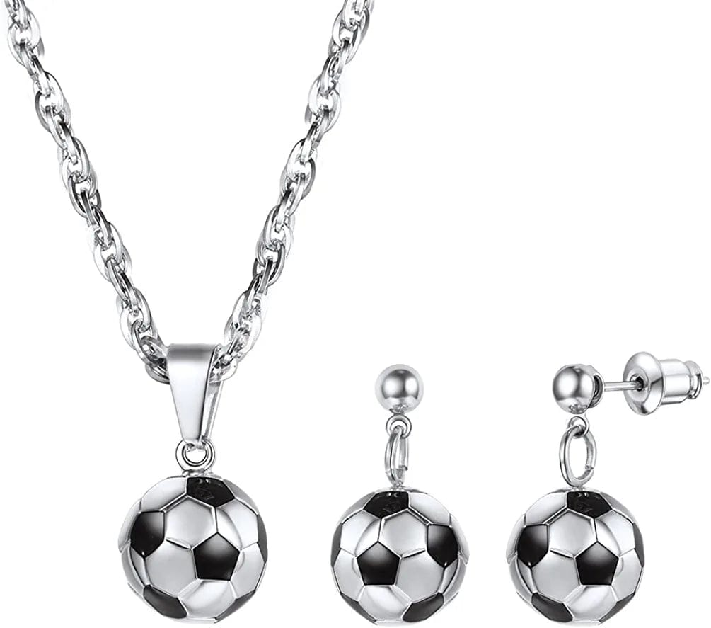 Stainless Steel 3D Soccer Football/Basketball Charm Necklace/Earrings Unisex Jewelry Boys Mens Girls Womens Fan Gift 03 Silver-Necklace and Earrings Set