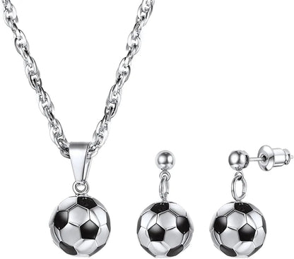Stainless Steel 3D Soccer Football/Basketball Charm Necklace/Earrings Unisex Jewelry Boys Mens Girls Womens Fan Gift 03 Silver-Necklace and Earrings Set
