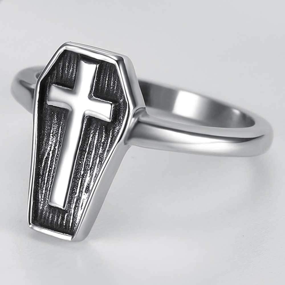 Stainless Steel Christian Cross Coffin Shape Religious Prayer Cocktail Party Halloween Biker Ring