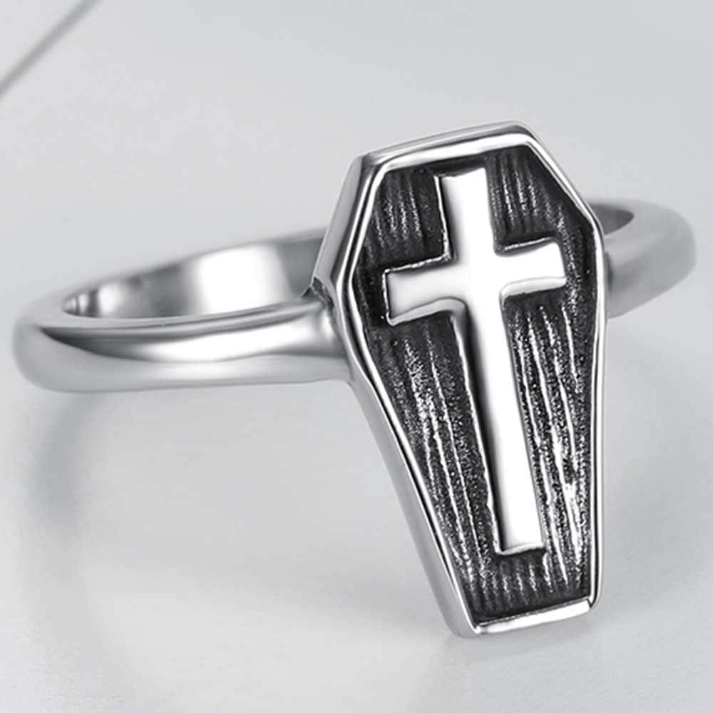 Stainless Steel Christian Cross Coffin Shape Religious Prayer Cocktail Party Halloween Biker Ring