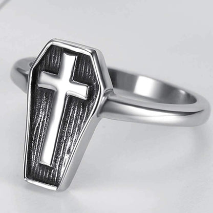 Stainless Steel Christian Cross Coffin Shape Religious Prayer Cocktail Party Halloween Biker Ring
