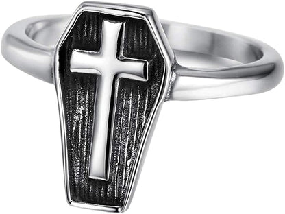 Stainless Steel Christian Cross Coffin Shape Religious Prayer Cocktail Party Halloween Biker Ring Silver / 9